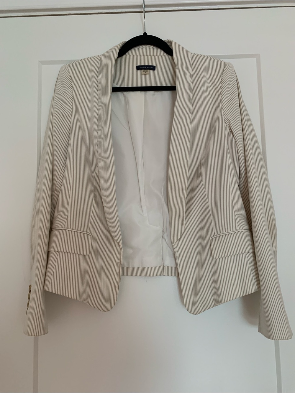 Women’s Tommy Hilfiger Cream Pinstripe Open-Front Blazer